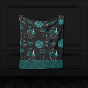 Zodiac Magic   Dark Teal Green Gothic Skull Roses Fleece Blanket