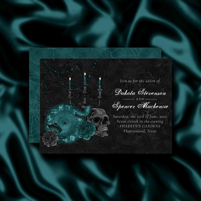 Zodiac Magic | Dark Teal Green Gothic Skull Roses Invitation (Creator Uploaded)