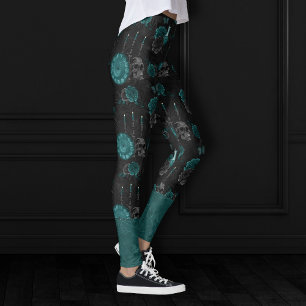 Zodiac Magic Dark Teal Green Gothic Skull Roses Leggings