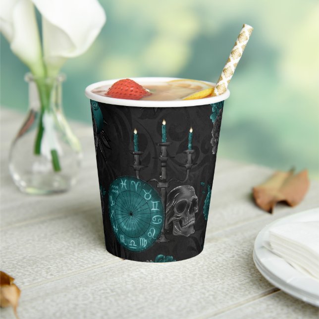 Zodiac Magic | Dark Teal Green Gothic Skull Roses Paper Cups (Insitu)