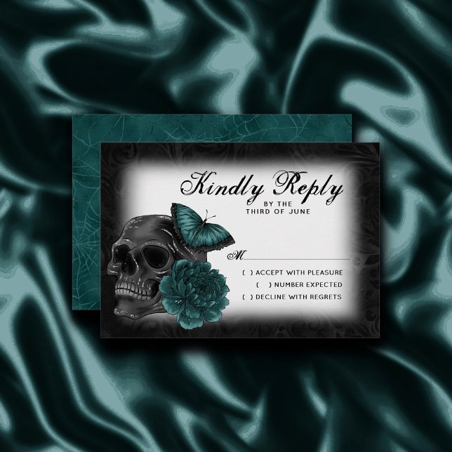 Zodiac Magic | Dark Teal Green Gothic Skull Roses RSVP Card (Creator Uploaded)