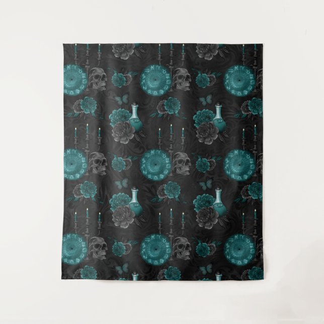 Zodiac Magic | Dark Teal Green Gothic Skull Roses Tapestry (Front)