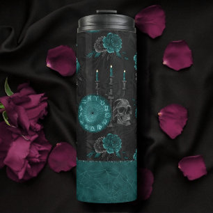 Zodiac Magic Dark Teal Green Gothic Skull Roses Thermal Tumbler