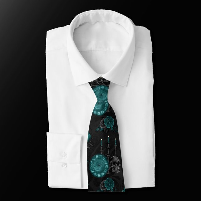 Zodiac Magic | Dark Teal Green Gothic Skull Roses Tie (Creator Uploaded)