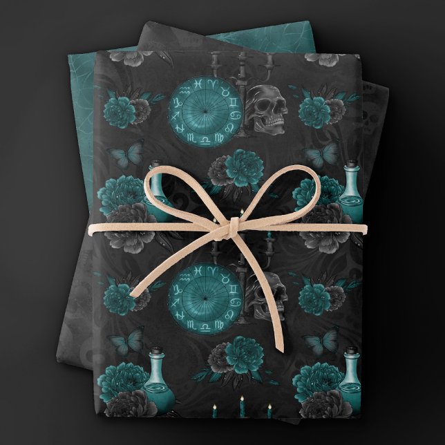 Zodiac Magic | Dark Teal Green Gothic Skull Roses Wrapping Paper Sheet (Creator Uploaded)