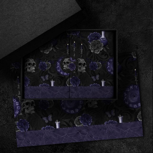 Zodiac Magic | Midnight Indigo Gothic Skull Roses Tissue Paper (Creator Uploaded)