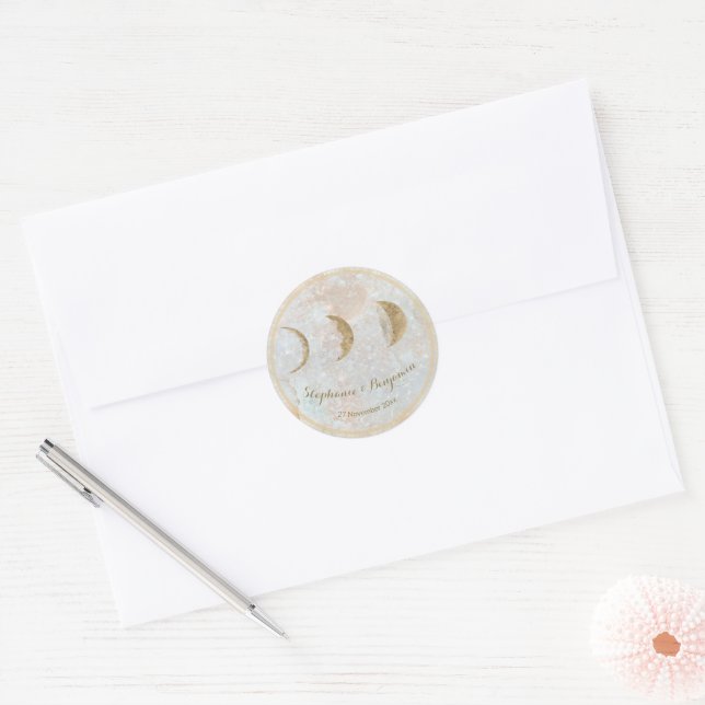 Zodiac Moon Celestial Monogram Date Wedding  Classic Round Sticker (Envelope)