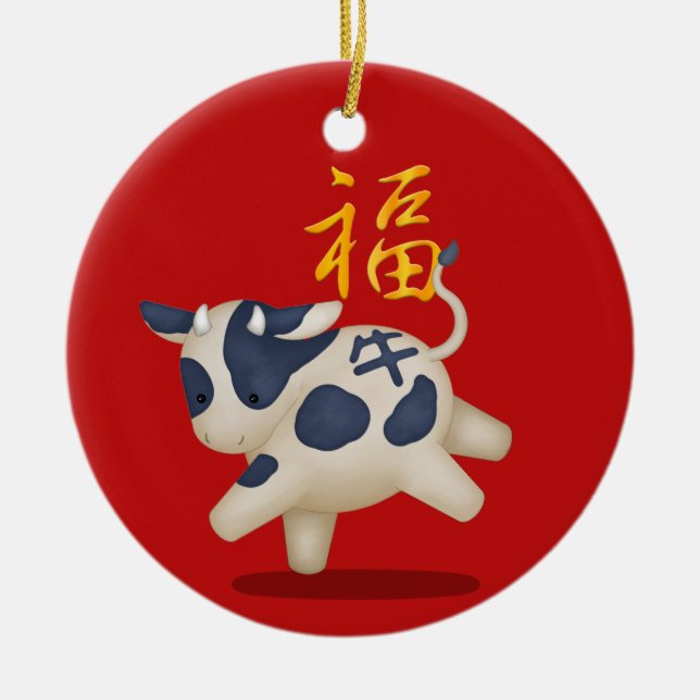 Zodiac Ox "Fortune" Chinese New Year Custom Ceramic Tree Decoration (Front)