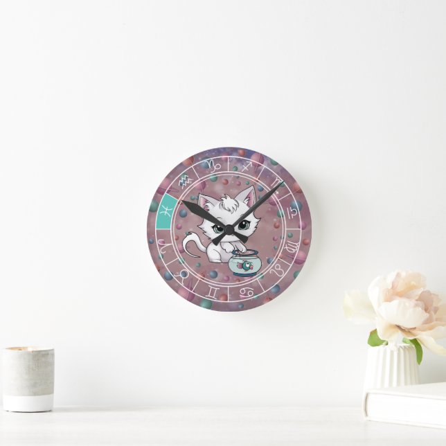 Zodiac Pisces Cute Cat Wheel Planet Astrology Round Clock (Home)