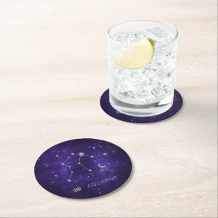 Zodiac Purple Aquarius   Astrology Horoscope Round Paper Coaster