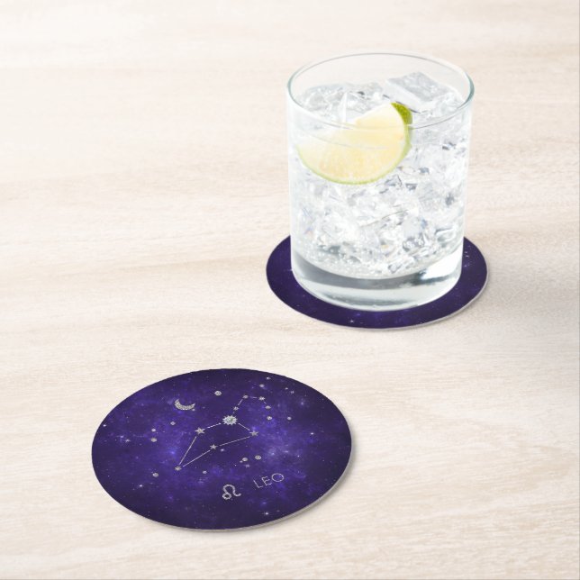 Zodiac Purple Leo | Cosmic Astrology Horoscope Round Paper Coaster (Insitu)