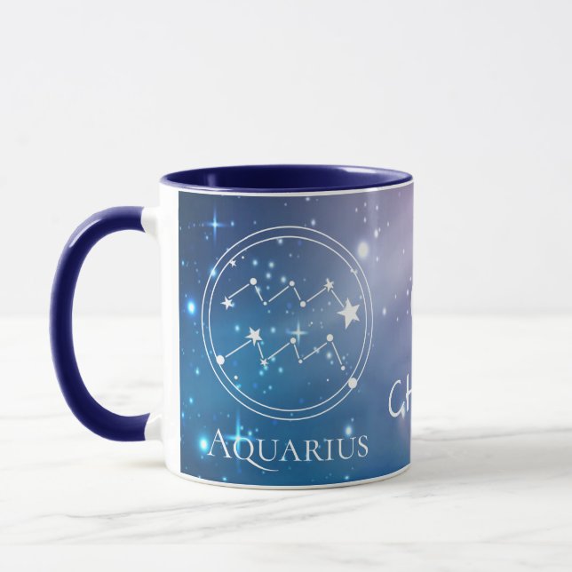 Zodiac Sign AQUARIUS Purple Blue Name Monogram Mug (Left)