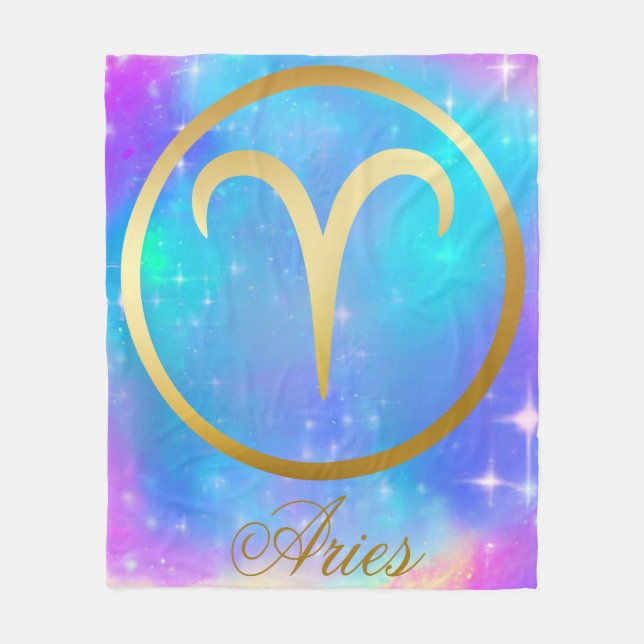 Zodiac Sign Aries Gold on Colourful Background | Fleece Blanket (Front)