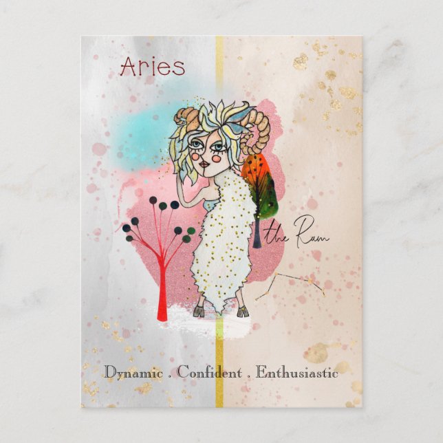 Zodiac Sign Aries Whimsical Girl Symbolic Ram Postcard (Front)