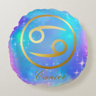 Zodiac Sign Cancer Gold on Colourful Background Round Cushion