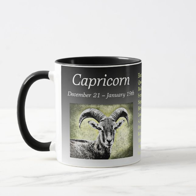 Zodiac Sign Capricorn Goat Symbol and Details Mug (Left)