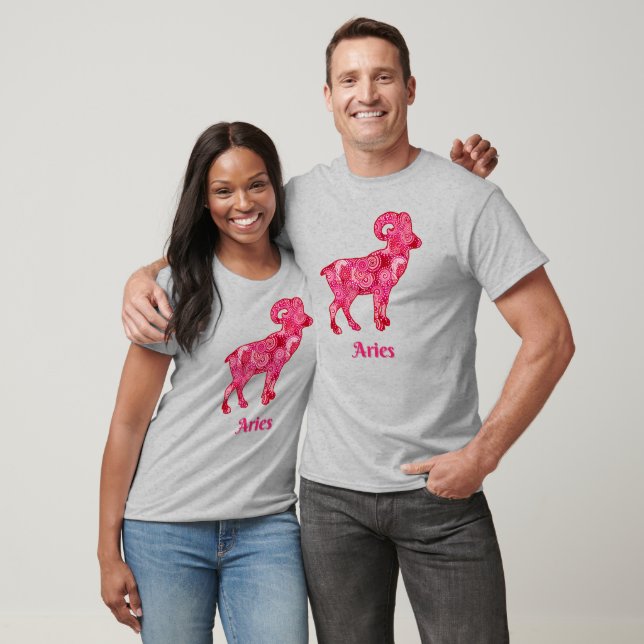Zodiac Sign for Aries in a Red Fractal Pattern T-Shirt (Unisex)