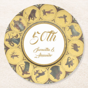 Zodiac sign golden anniversary round paper coaster