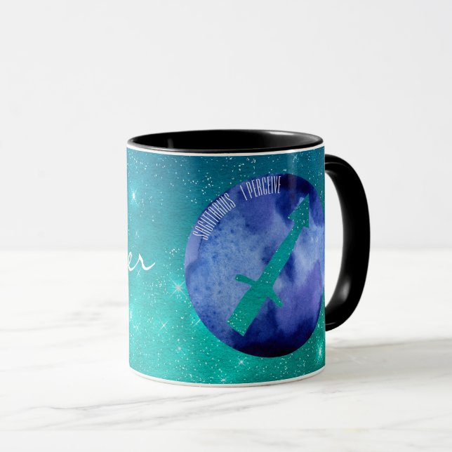 Zodiac Sign Sagittarius on Teal Starry Sky Mug (Front Right)