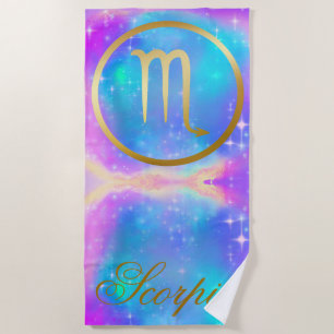 Zodiac Sign Scorpio Gold on Colourful Background Beach Towel