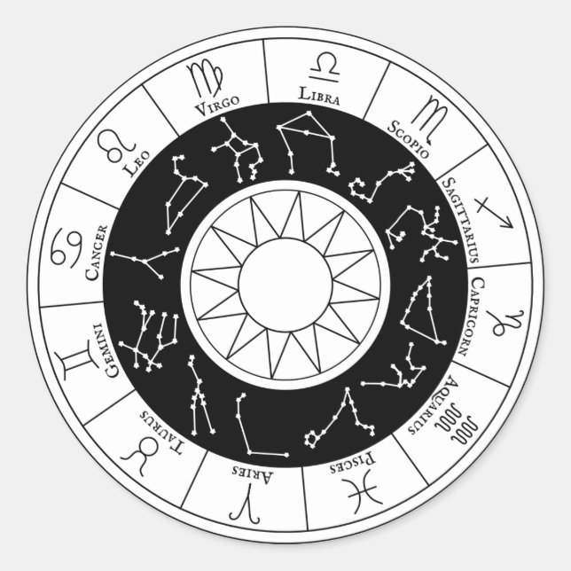 Zodiac Signs Circle Black and White Classic Round Sticker (Front)