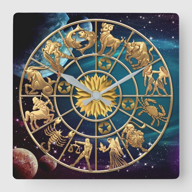 Zodiac Signs Four-Member Family Gold Stars Custom Square Wall Clock (Front)