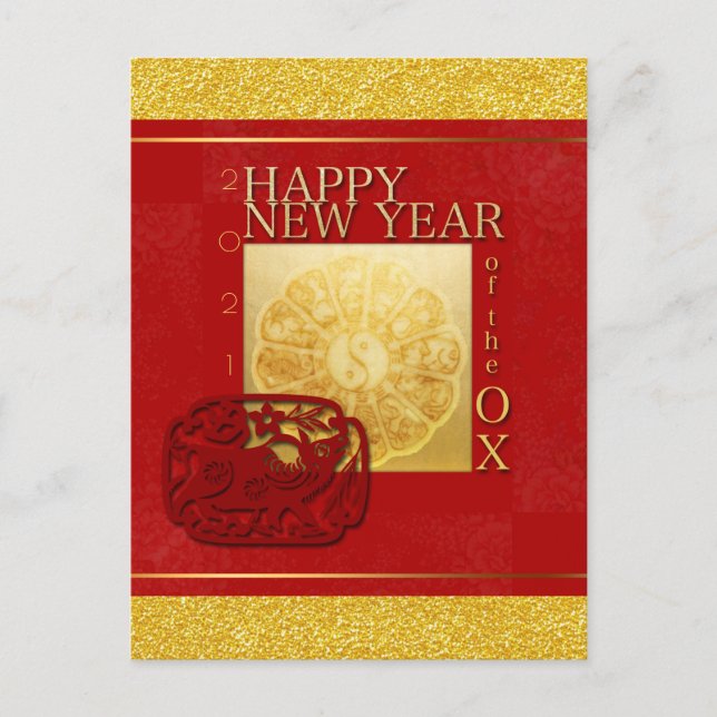 Zodiac signs Yin Yang Chinese Ox Year 2021 VHPC Holiday Postcard (Front)