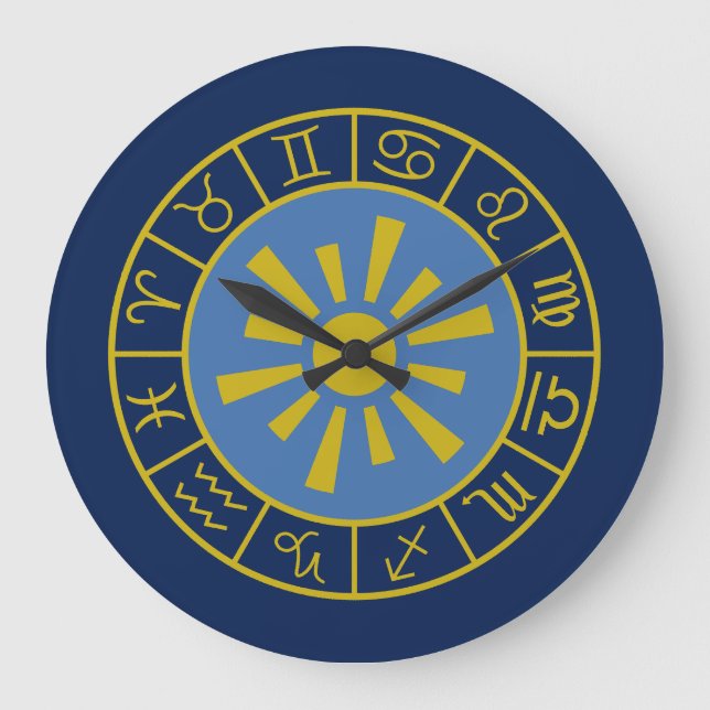 Zodiac Sun Wheel+Astrological Symbols Gold+Blues Large Clock (Front)