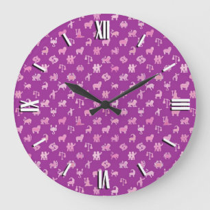 Zodiac symbols, medium purple background large clock