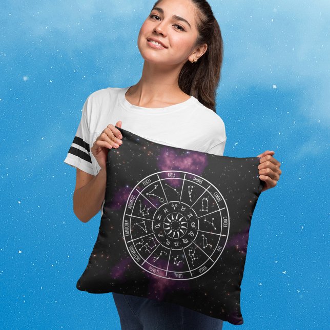 Zodiac Throw Pillow | Night Sky with Purple Nebula (Creator Uploaded)