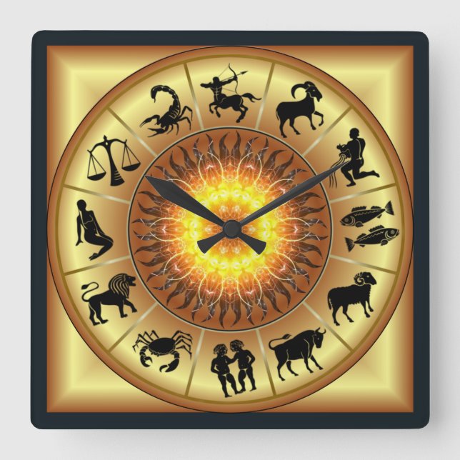 Zodiac~Toasted Sun~Western Astrology~Gold Back~ Square Wall Clock (Front)