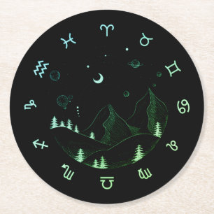 Zodiac Wheel Mountain Landscape  Round Paper Coaster