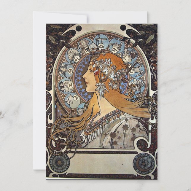 Zodiac Woman by Alphonse Mucha – Art Nouveau Holiday Card (Front)