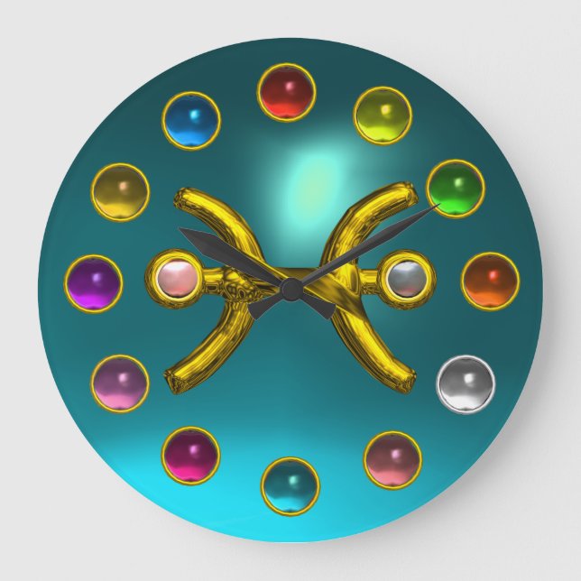 ZODIACAL SIGN PISCES PRINTED 3D COLORFUL GEMSTONES LARGE CLOCK (Front)