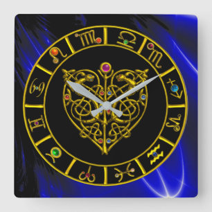 ZODIACAL SIGNS IN BLUE,GOLD ASTRAL HEART Astrology Square Wall Clock