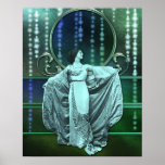 Zohara: Art Deco Woman in Aqua & Green Poster<br><div class="desc">Zohara in opera gown and coat. Her coat is silk-lined brocade,  her dress is silk,  lavishly embroidered with metallic threads. She stands against a backdrop of colourful glowing silk with strands of sparkling stars and rainbow glass in a metallic frame.</div>