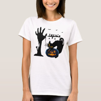 Zombie and Black Cat Halloween Design T-Shirt
