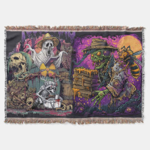 Zombie Beekeeper & Giant Hornet Dark Fantasy T-Shi Throw Blanket