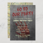 Zombie Birthday Party Undead Apocalypse Blood Text Invitation<br><div class="desc">Throw a zombie - themed birthday party with these creepy invitations. Except for the bloody "Go To Our Party" text dripping down the concrete wall, all text is customisable on these scary invites inspired by the undead. Below your custom text on the grey distressed wall, there is a bloody handprint,...</div>
