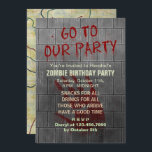 Zombie Birthday Party Undead Apocalypse Blood Text Invitation<br><div class="desc">Throw a zombie - themed birthday party with these creepy invitations. Except for the bloody "Go To Our Party" text dripping down the concrete wall, all text is customisable on these scary invites inspired by the undead. Below your custom text on the grey distressed wall, there is a bloody handprint,...</div>
