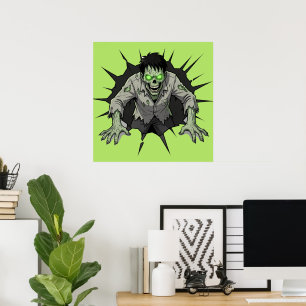 Zombie Breaking Through Wall Horror gift Poster