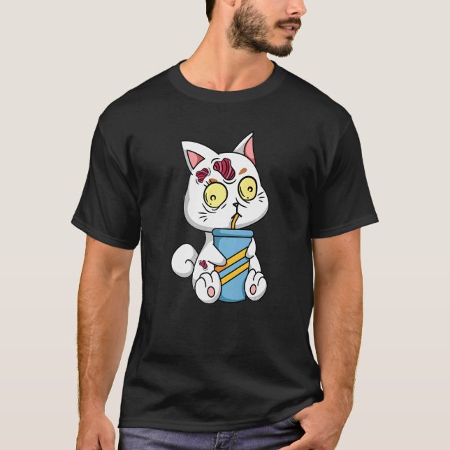 Zombie Cat Drinking Lazy Halloween Costume Spooky  T-Shirt (Front)