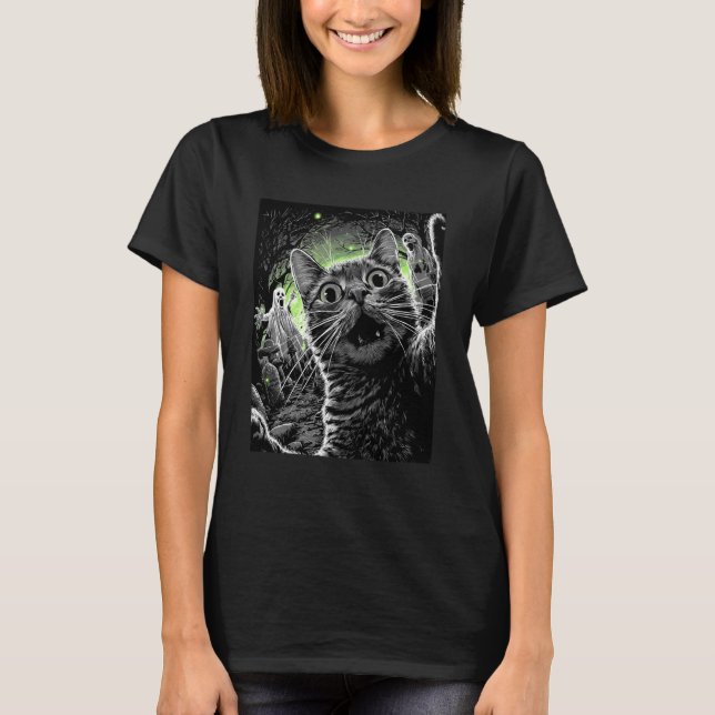 Zombie Cat Selfie Funny Scary Halloween Cemetery G T-Shirt (Front)