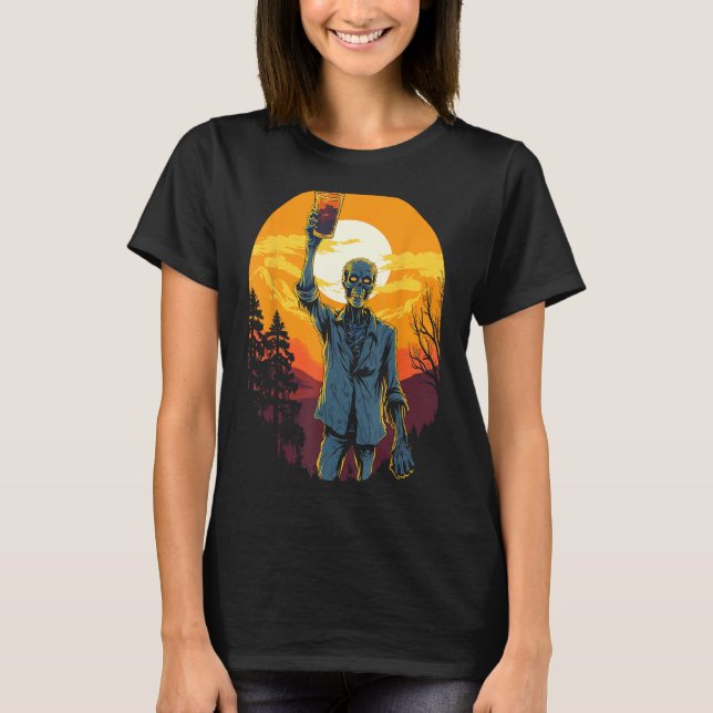 Zombie Celebrating Happy Halloween Moon Sunset T-Shirt (Front)