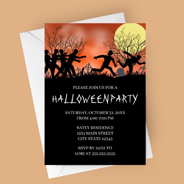 Zombie Chase Halloween Party Invitation (Running Zombies in Graveyard Halloween Party Invitation)