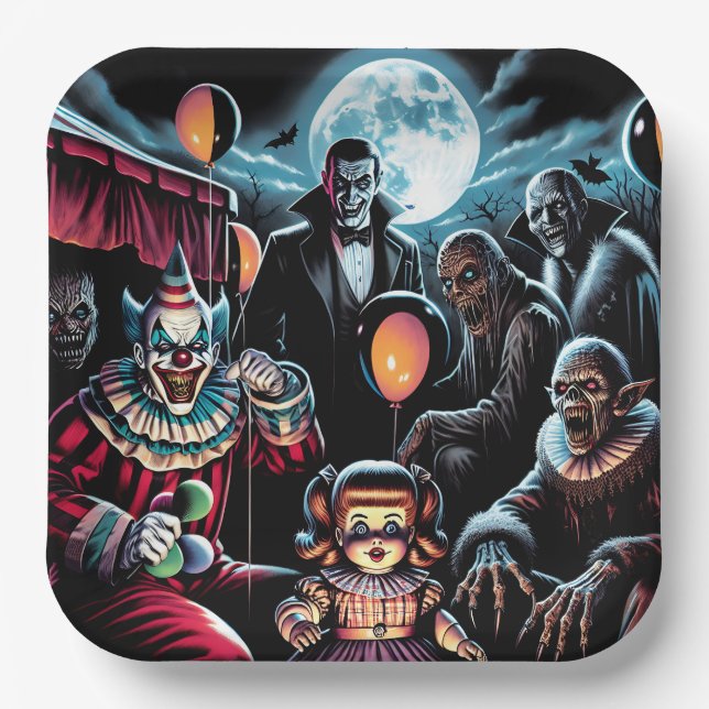 Zombie, Clown, Vamp and Haunted Doll Halloween Paper Plate (Front)