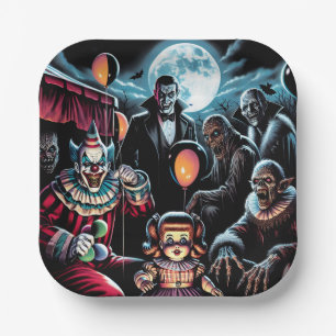 Zombie, Clown, Vamp and Haunted Doll Halloween Paper Plate