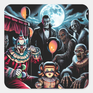Zombie, Clown, Vamp and Haunted Doll Halloween Square Sticker