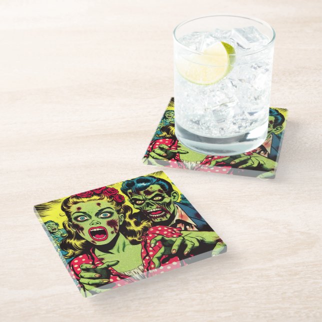Zombie Couple Retro Comics Glass Coaster (Angled)