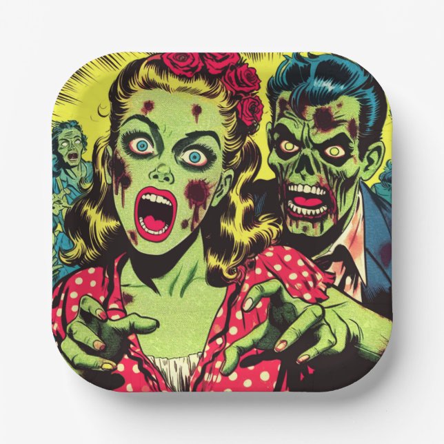 Zombie Couple Retro Comics Paper Plate (Front)